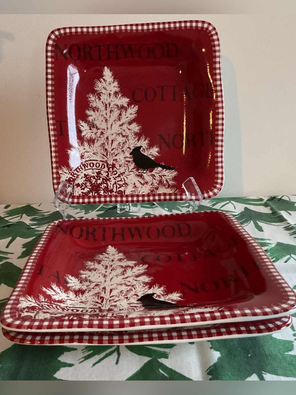 222 Fifth Red Northwood Cottage 8” Square Salad/Dinner Plate, Set of 3